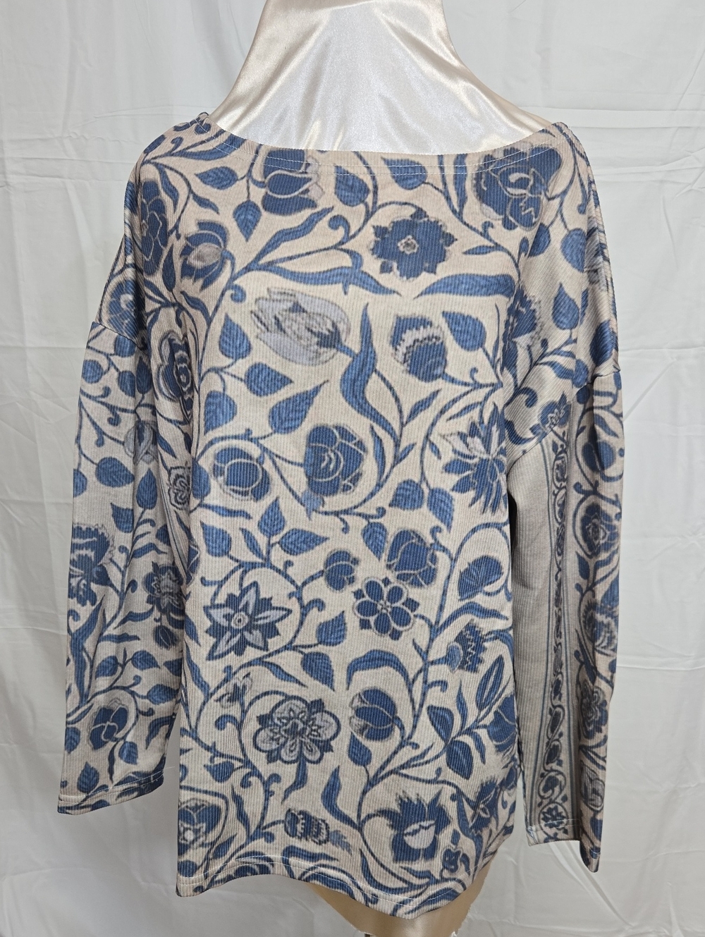 Boat Neck Blue Floral Knit Top - Women's